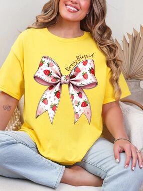 Gildan Yellow Short Sleeve Tee with Pink Strawberry Bow Graphic
